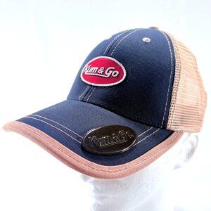 Kum & Go‎ Navy & Tan Mesh Strapback Baseball Cap Hat w/ Bottle Opener Under Bill